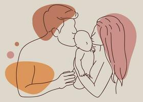 mignonne ligne art vecteur illustration de une aimant couple avec une nouveau née bébé.