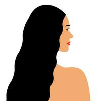 portrait de une Jeune magnifique femme avec longue Cheveux isolé sur blanc Contexte retour côté vue proche en haut tête et épaule avatar de fille pour social médias minimaliste vecteur illustration dans plat style