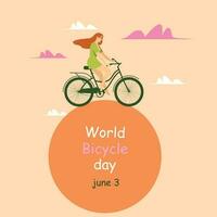 monde vélo journée juin 3, monde vélo journée concept. fille monte une vélo, bicyclette vecteur logo modèle