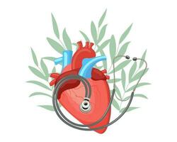 en bonne santé Humain cœur avec une stéthoscope sur le Contexte de feuilles et fleurs. le concept de médecine, Humain cardiologie. vecteur