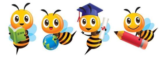 dessin animé mignon abeille retour à la mascotte de lécole sertie de chapeau de graduation tenant un crayon et un globe vecteur