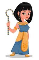 Cléopâtre belle reine d'Egypte de dessin animé en robe dorée et avec un escroc à la main vecteur
