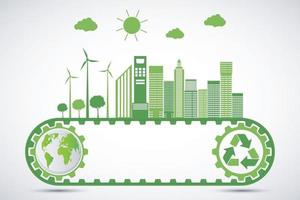 écologie et concept environnemental symbole de la terre avec des feuilles vertes autour des villes aident le monde avec des idées respectueuses de l'environnement vecteur
