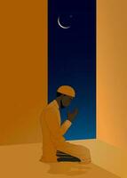 Ramadan kareem Contexte avec musulman homme est orienté vers le le coucher du soleil et prier namaz, salah.vecteur serein saint nuit Contexte pour islamique religion, aïd Al adha, aïd moubarak, aïd Al Fitr, eid Al adha vecteur