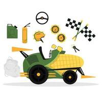 dessin animé blé voiture sur roues. pop corn un camion ou blé courses voiture avec accessoires. vecteur plat illustration