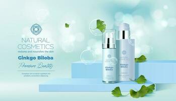 bleu podium avec produits de beauté et ginkgo feuilles vecteur