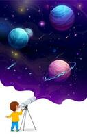 Jeune enfant avec télescope dessin animé espace paysage vecteur