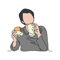 un continu ligne dessin de une gens en mangeant une Burger. nourriture illustration dans Facile linéaire style. nourriture conception concept vecteur illustration