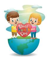 des gamins dessin animé en portant cœur permanent sur moitié globe, monde santé journée vecteur
