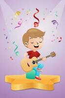 dessin animé de garçon en jouant guitare sur étape avec coloré rubans vecteur
