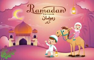 peu garçon porter lanterne avec peu fille équitation sur chameau Aller à mosquée à Ramadan nuit vecteur