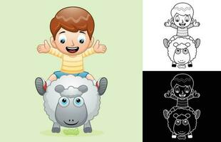 dessin animé de une garçon équitation sur mouton vecteur