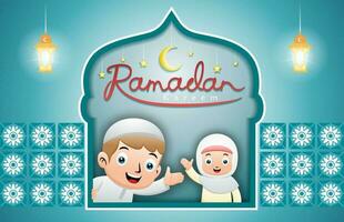 mignonne musulman des gamins sur mosquée fenêtre Cadre Bienvenue le Ramadan mois vecteur