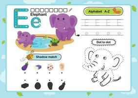 alphabet lettre e-éléphant exercice avec illustration de vocabulaire de dessin animé, vecteur