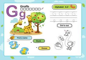 alphabet lettre g-girafe exercice avec illustration de vocabulaire de dessin animé, vecteur