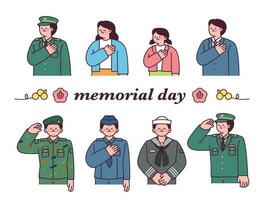 Sud Corée Mémorial journée. soldat personnages dans militaire uniformes et deuil gens personnages. juin 6 vecteur