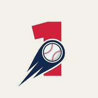 concept de logo de baseball lettre 1 avec modèle vectoriel d'icône de baseball en mouvement