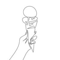 la glace crème gelato dans main, un ligne continu. ligne art contour vecteur illustration de rue nourriture