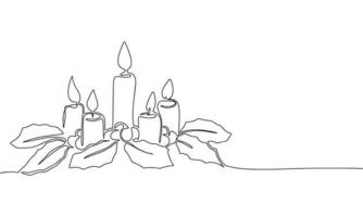 Noël bougies. un ligne continu bougies et laisser sur Noël. ligne art, contour, Célibataire ligne silhouette. main tiré vecteur illustration.