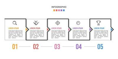 affaires infographies. chronologie avec 5 pas, choix, et carrés. vecteur illustration.