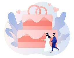 marié couple. minuscule gens changement matrimonial statut. mariage avec gros mariage gâteau. relation concept. légal statut. moderne plat dessin animé style. vecteur illustration sur blanc Contexte