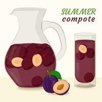 prune compote dans une verre carafe et verre. en buvant de fait maison des fruits. baies pour une en bonne santé été boire. le concept de en bonne santé alimentaire. vecteur illustration dans une plat style.