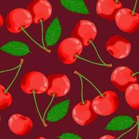 sans couture modèle de cerises, vert feuilles. mûr baies. fruit cueillette. vecteur illustration dans une plat style pour menu conception, recettes.