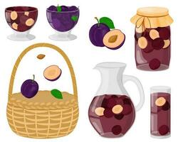 une ensemble de prunes. été compote dans une carafe, verre, pot. en buvant et confiture de fait maison des fruits. baies pour une en bonne santé boire. le concept de en bonne santé alimentaire. osier panier. vecteur illustration.