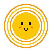 vecteur souriant Soleil dans plat conception. positif illustration de content Soleil avec affronter. puéril mignonne ensoleillement émoji. kawaii Soleil avec rond rayons de soleil. bébé ensoleillement avec rougir. cercles autour le Soleil.