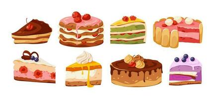 délicieux Gâteaux et des pâtisseries ensemble. pièces de gâteau avec différent remplissages. savoureux anniversaire aliments. dessin animé vecteur illustration.