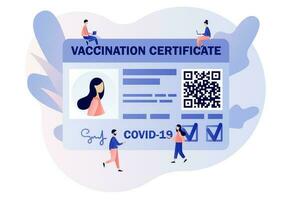 vaccin passeport. vaccination certificat avec qr code. gens santé passeport de vaccination pour COVID-19 [feminine. Voyage pendant coronavirus pandémie. moderne plat dessin animé style. vecteur illustration