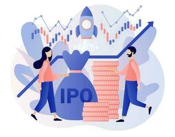 initiale Publique offre. ipo concept. minuscule gens investisseurs investir Stock marché actions. entreprise croissance. passif revenu. investissement. moderne plat dessin animé style. vecteur illustration sur blanc Contexte