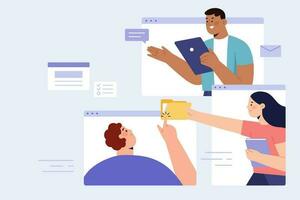 plat illustration de numérique fichier partager et travail en équipe. groupe de gens livrer des dossiers à effectivement partager information. vecteur