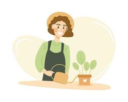 souriant Jeune femme est arrosage maison plante. mignonne plat dessin animé personnage. vecteur illustration isolé sur blanc Contexte