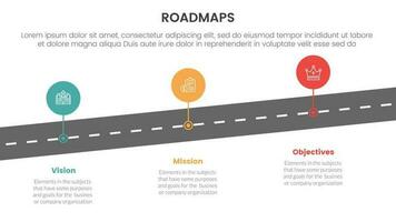 affaires feuilles de route processus cadre infographie 3 étapes avec fausser route et cercle points et lumière thème concept pour faire glisser présentation vecteur