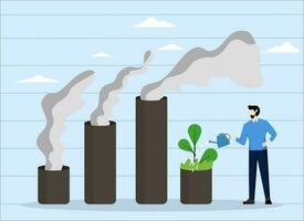 esg concept ou écologique problème, climat crise et environnement politique, Faire environnement amélioration, homme d'affaire chef arrosage des graines sur bar graphique avec en augmentant la pollution fumée vecteur