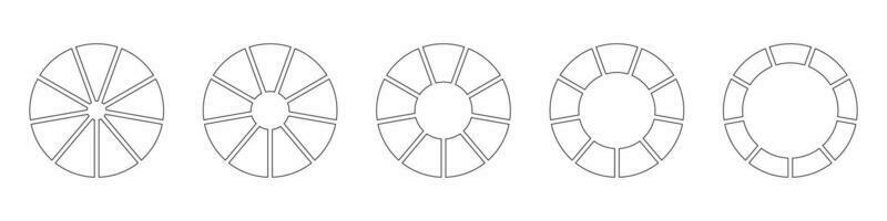 roues rond divisé dans neuf sections. contour Donut graphiques ou tartes segmenté sur 9 égal les pièces. diagrammes infographie ensemble. cercle section graphique ligne art. tarte graphique Icônes. géométrique vecteur éléments.