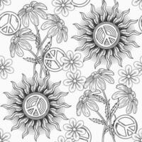 noir et blanc sans couture modèle avec soleil, paix signe, camomille fleur et demi-teinte formes. sensationnel, hippie style. pacifique, été illustration. bien pour vêtements, tissu, textile vecteur