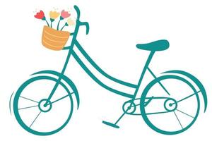 vélo rétro de dessin animé avec panier de fleurs. bannière de printemps de voeux. tour de saison. vecteur