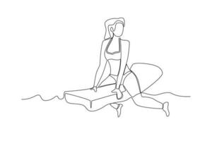 une femme portant une maillot de bain est assis sur une flotte vecteur