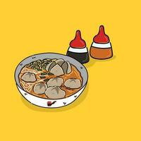 Viande Balle ou Bakso avec sambal et soja sauce vecteur et nouille vecteur illustration conception