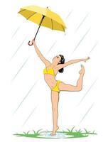 Jeune femme dans bikini avec parapluie dansant dans le été pluie. réaliste vecteur dessin.