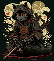 Japonais chat guerrier samouraï, vecteur illustration.