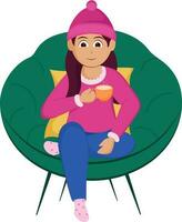 dessin animé Jeune fille en buvant thé ou café dans de laine vêtements à canapé illustration. vecteur