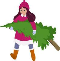 personnage de Jeune fille porter Noël arbre dans de laine vêtements. vecteur