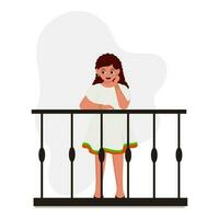 illustration de mignonne fille permanent à balcon sur blanc Contexte. vecteur