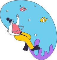 dessin animé nageur femme en train de regarder à imaginaire des poissons dans sous-marin par vr des lunettes sur bleu et blanc Contexte. vecteur