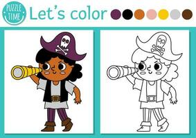 pirate coloration page pour les enfants avec pirate fille à la recherche dans télescope. vecteur Trésor île contour illustration. Couleur livre pour des gamins avec coloré exemple. dessin compétences imprimable feuille de travail