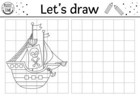 dessiner le pirate bateau. Achevée le photo. vecteur pirate dessin entraine toi feuille de travail. imprimable noir et blanc activité pour des gamins avec raider bateau. Trésor île copie le image coloration page