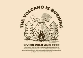 ancien illustration de volcan, pin des arbres et feu vecteur